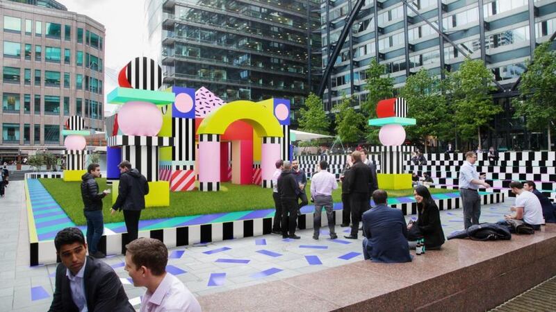 The colourful Villa Walala installation by artist Camille Walala resemble a castle made from child’s building blocks and aims to lighten things in the city’s financial district