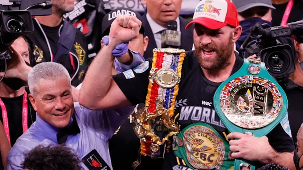 Tyson Fury celebrates victory over Deontay Wilder in Las Vegas. Fury stopped his opponent with an 11th-round knockout. Photograph: Ethan Miller/Getty Images