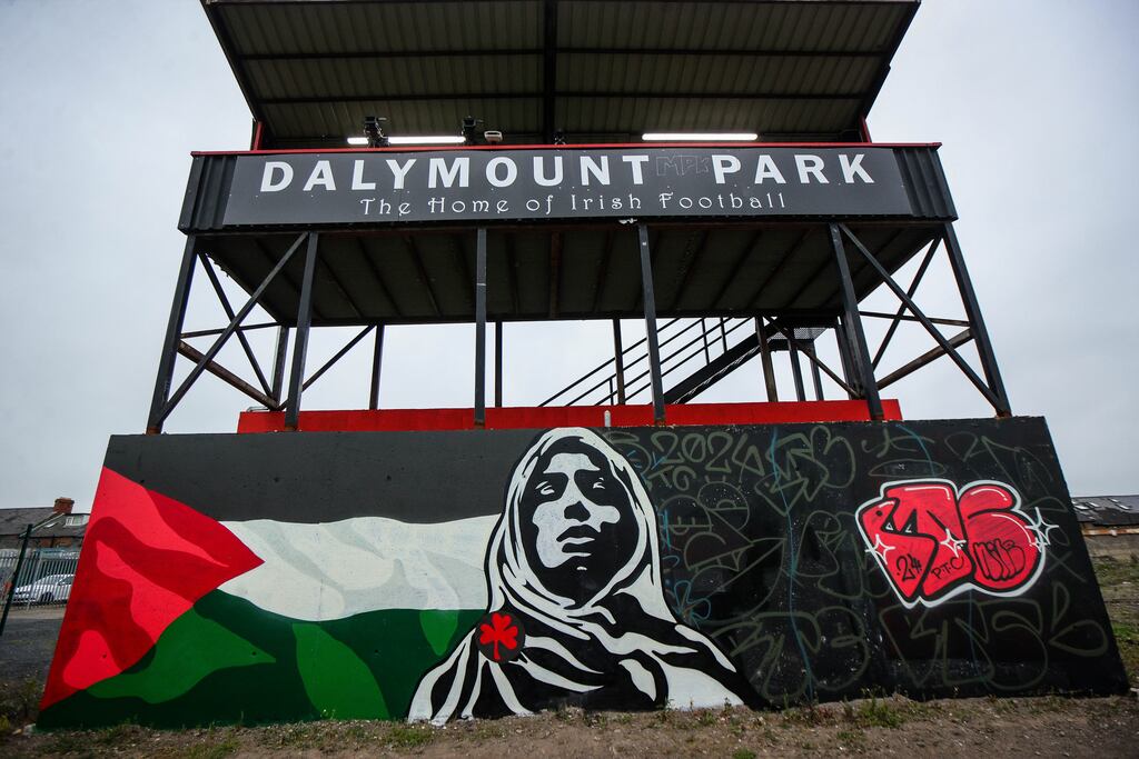 A mural at Dalymount Park, where Bohemians will host Palestine on Wednesday. Photograph: Ryan Byrne/Inpho