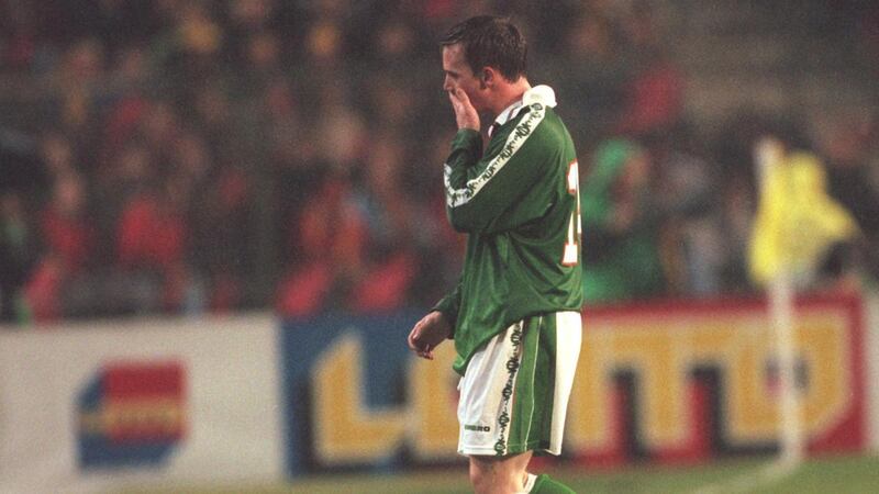 David Connolly is sent off during the playoff against Belgium in Brussels in 1997. Photograph: Billy Stickland/Inpho