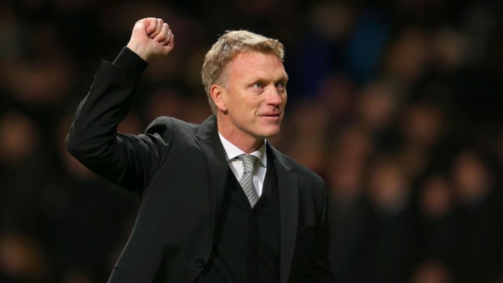 Manchester United manager David Moyes celebrates victory after the final whistle at Old Trafford. Photograph: Dave Thompson/PA Wire
