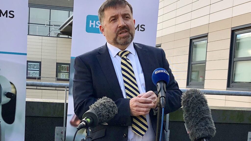 Northern Ireland’s Minister for Health Robin Swann talking to the media outside the Ulster Hospital in Belfast this week. Photograph: David Young/PA Wire