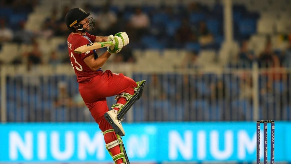 England’s Jos Buttler watches the ball after playing a shot during the Twenty20 World Cup match against Sri Lanka at the Sharjah Cricket Stadium. Photograph: by Aamir QureshI/AFP via Getty Images