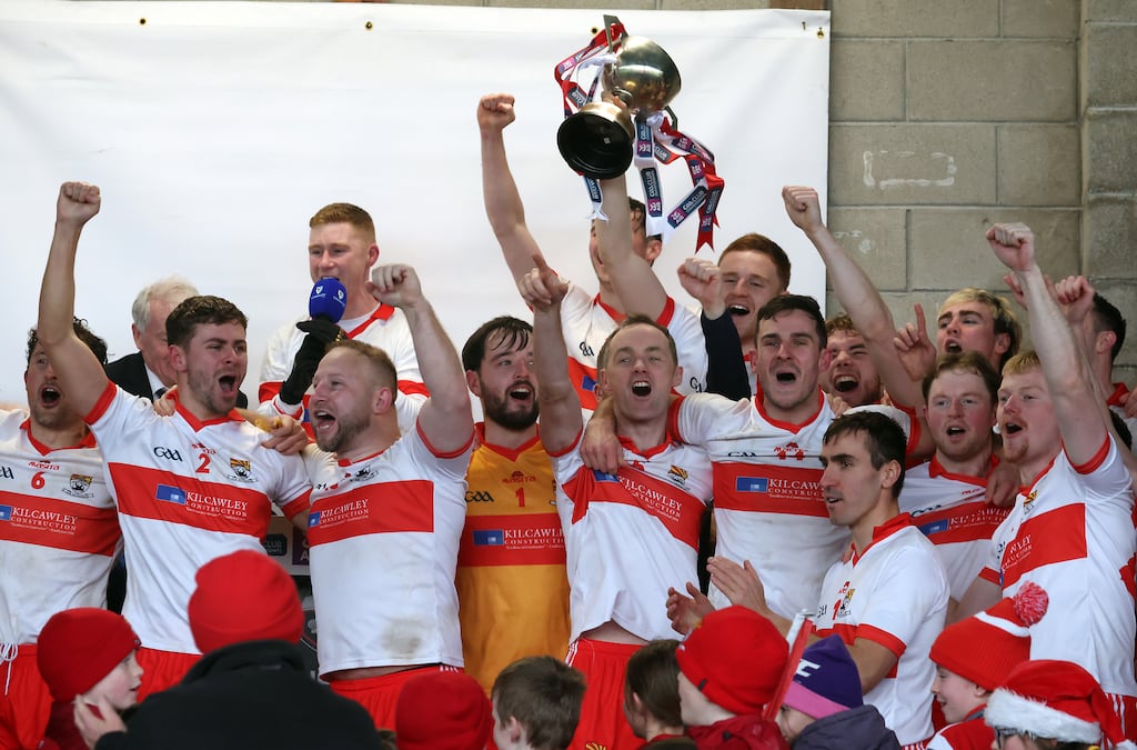 Seán Taylor, front right, and his Coolera-Strandhill team-mates celebrate winning the Connacht senior football final against Pádraig Pearses in Sligo in December. Photograph: John McVitty/Inpho