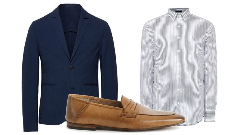 Blazer, €330, Folk, Mr Porter; loafers,€235, Reiss; shirt, €100, Gant, Brown Thomas