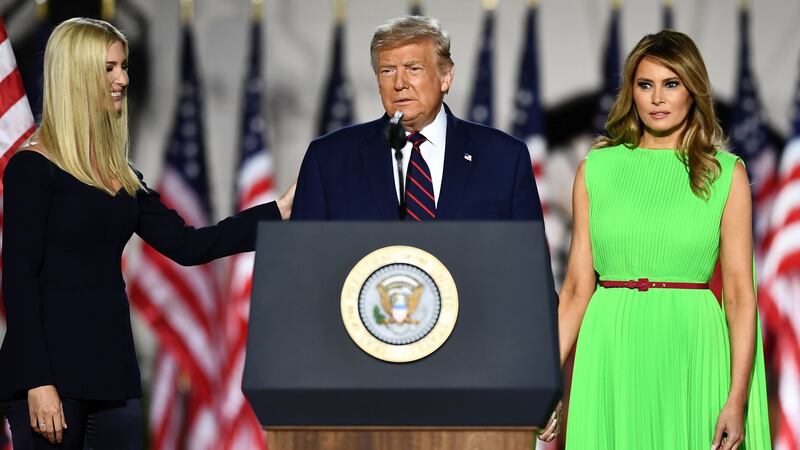 Ivanka Trump introduces US president Donald Trump and first lady Melania Trump ahead of his acceptance speech for the Republican Party nomination for re-election at the South Lawn of the White House on Thursday. Photograph: Brendan Smialowski/AFP via Getty Images