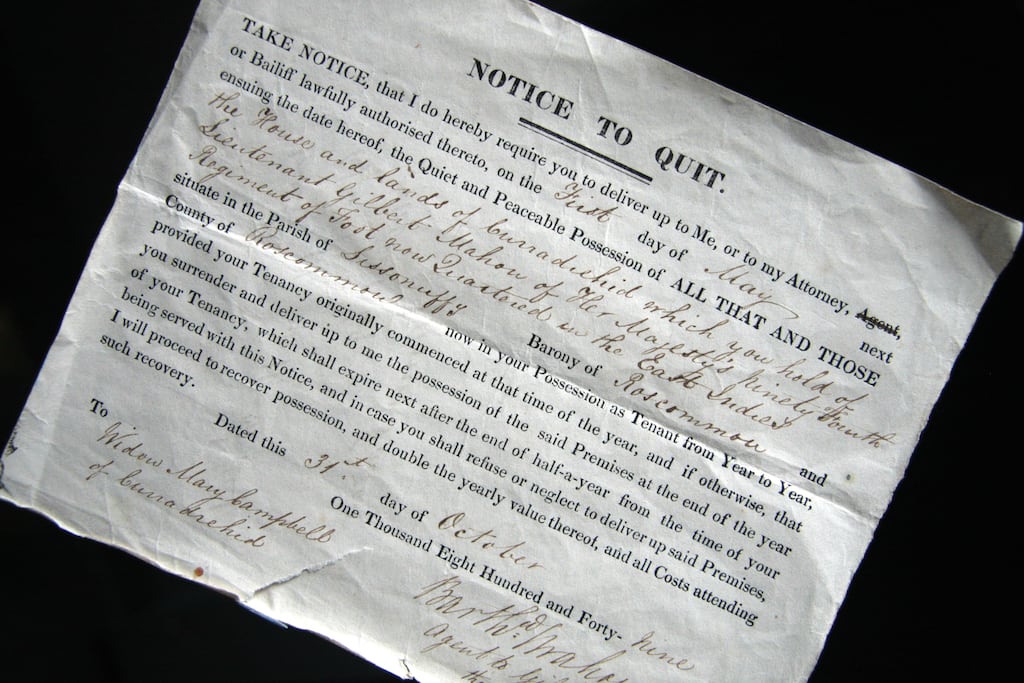 Eviction notice from the archive at the National Famine Museum, Strokestown Park, Co Roscommon, reopening July 2022