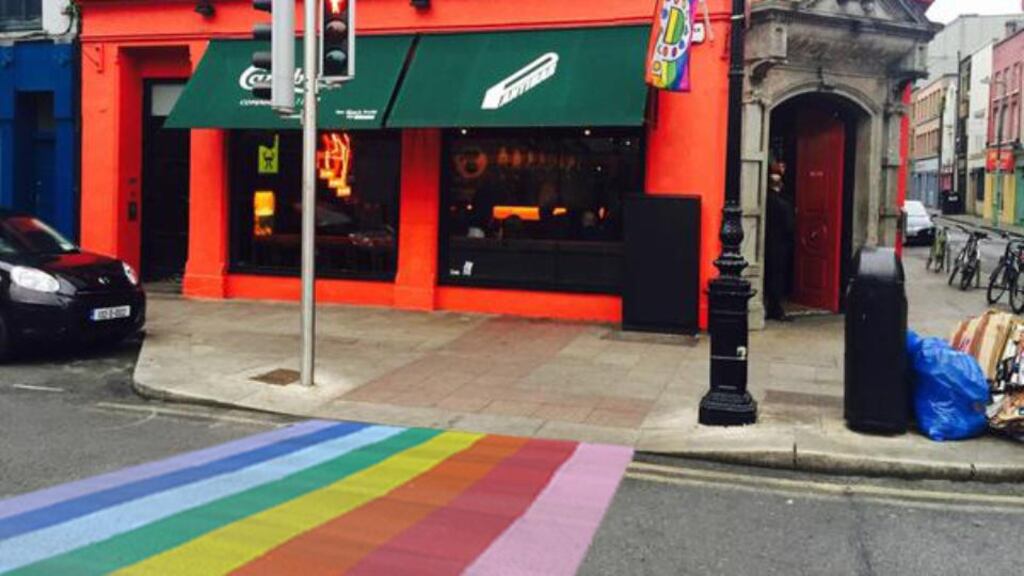 Introducing ‘rainbow walks’ to Dublin streets will make the city a more attractive proposition for gay tourists, according to local Fine Gael members – areas on Dame Street and Capel Street have been identified as possibile locations (artist’s impression)