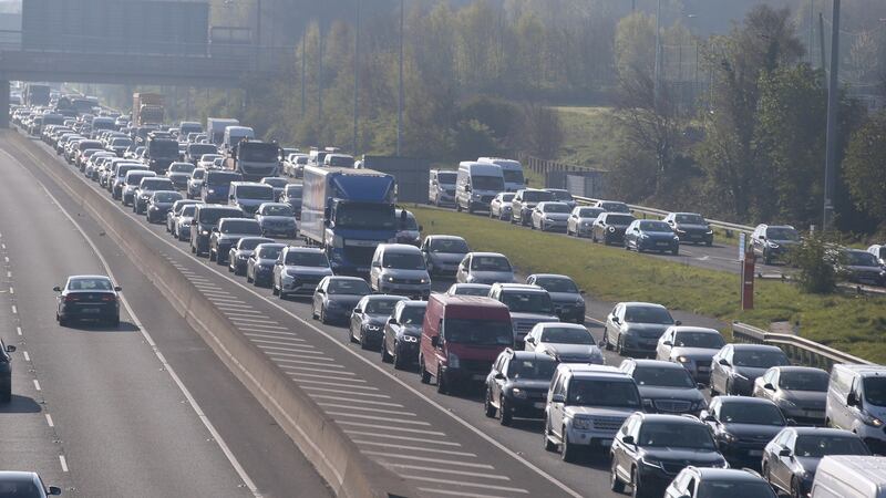 Heavy traffice on the M50 after a lorry overturned at the Red Cow junction. Photograph: Stephen Collins/Collins