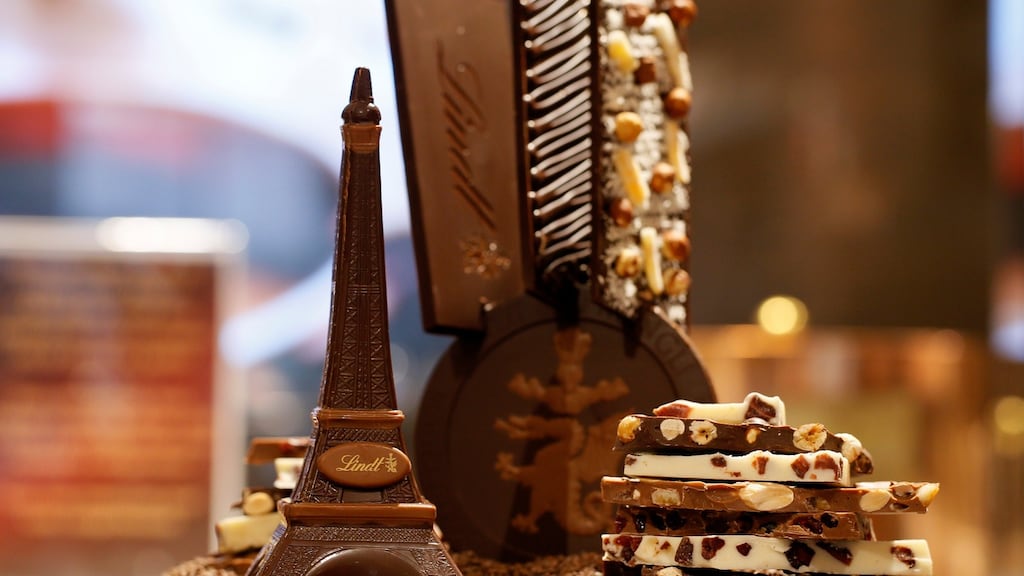 A chocolate model of the Eiffel Tower is displayed at the Swiss chocolate maker Lindt store in Paris. (Photograph: Reuters)