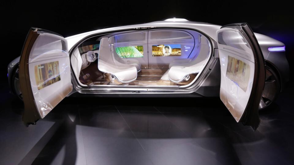 The interior and rotating seating of a Mercedes-Benz AG F015 concept car, produced by Daimler AG, at the Frankfurt Motor Show. Photograph: Martin Leissl/Bloomberg