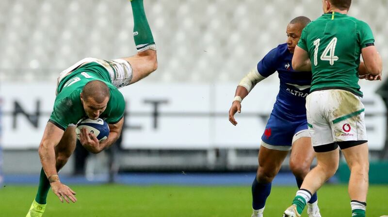Ireland fullback Jacob Stockdale makes a spectacular catch against France during the Six Nations clash in Paris. Photograph: James Crombie/Inpho