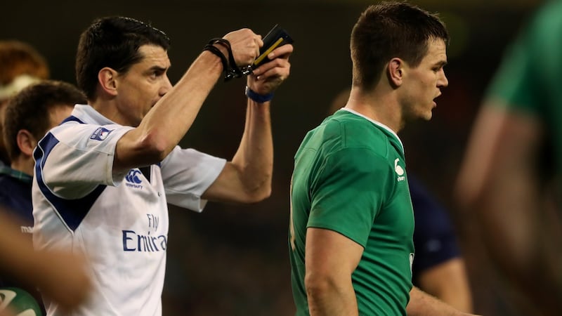 Sexton leaves the pitch after being shown a yellow card by referee Pascal Gauzere Six Nations game against Scotland in 2016. Photo: Richard Heathcote/Getty Images