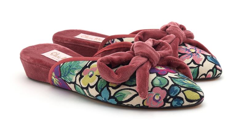 Daphne rose print slippers with velvet bows from Olivia Morris.