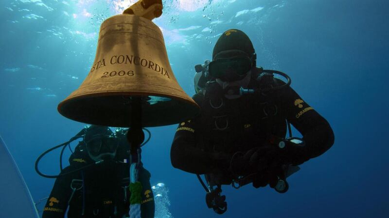 Carabinieri police divers inspect the inside of the Costa Concordia cruise ship at Giglio Island, Italy, in 2012. Photograph: EPA