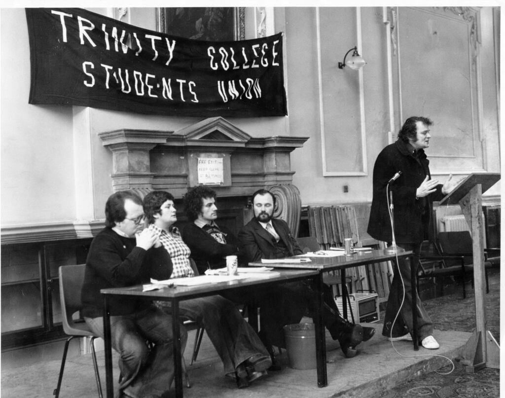 Edmund Lynch (left) at the Symposium on Homosexuality in TCD in1977 with, from left to right, Phil Carson (UCD Gay Society), Mark Turpin (students' union), David Norris (UCD Gay Society) and Fr Giles Hibbert. Photograph: Kevin McMahon