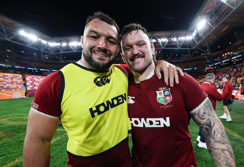 Lions Ellis Genge and Andrew Porter celebrate after the game. Photograph: Billy Stickland/Inpho