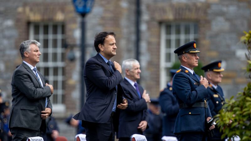 Taoiseach Leo Varadkar (centre) marks the minute’s silence for late Garda Colm Horkan at Garda headquarters in the Phoenix Park. Photograph: Tom Honan