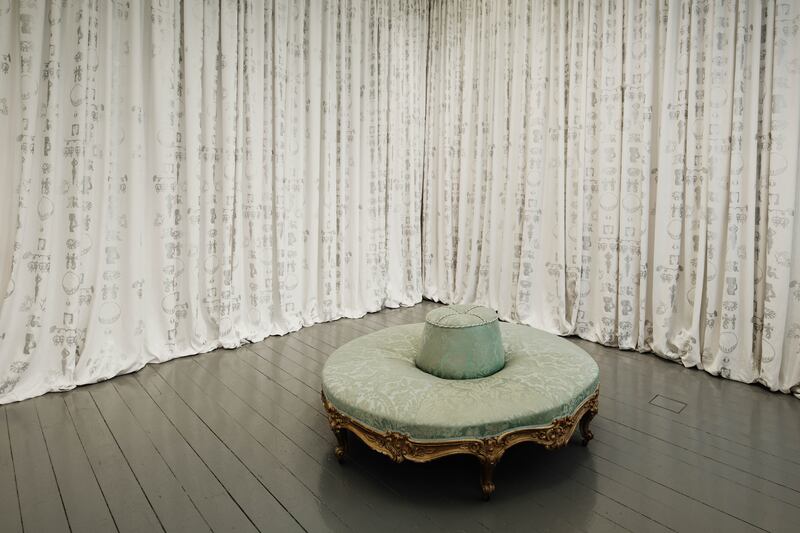 Collective Weave (Ireland), 2018/2023, by Andrea Geyer, aluminium flake paint on linen, from Irish Museum of Modern Art collection.