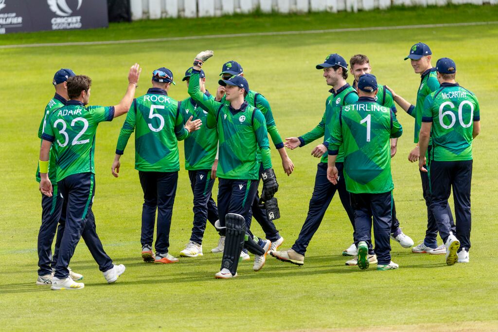 Ireland in action against Jersey in the ICC Men’s T20 World Cup Europe Qualifier at Goldenacre Cricket Ground in Edinburgh. Photograph: Cricket Ireland