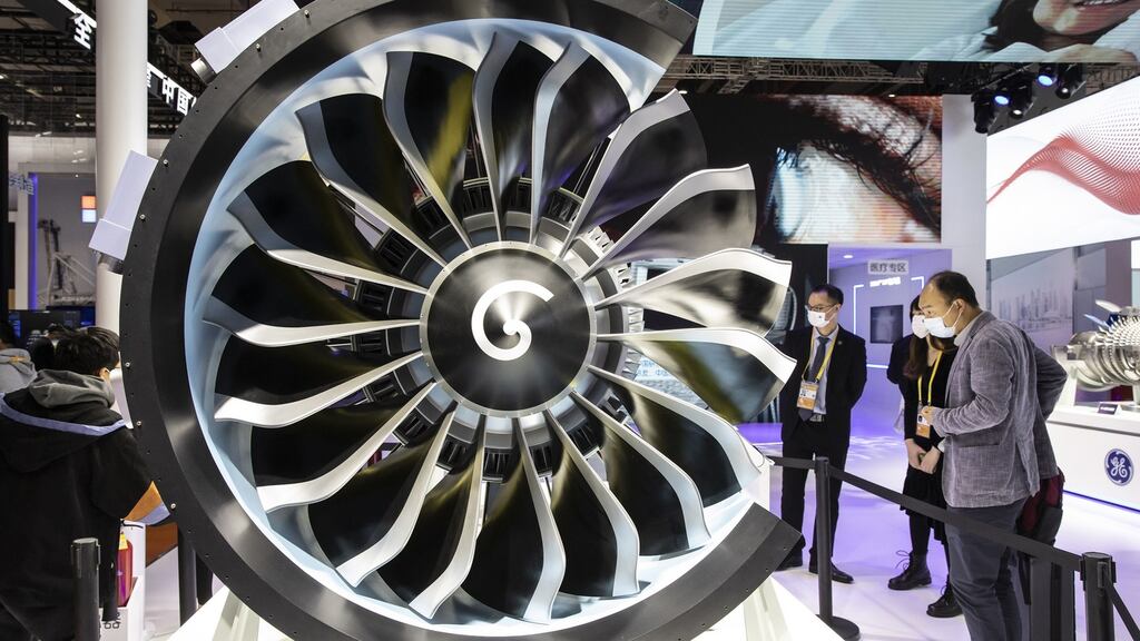 A model of a  LEAP engine at the GE booth at the China International Import Expo in Shanghai. Photograph: Qilai Shen/Bloomberg