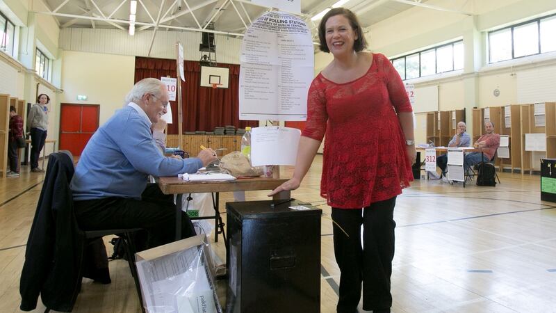 Sinn Féin leader Mary Lou McDonald casts her vote at St Joseph’s school, Navan Road, Dublin. Photograph: Gareth Chaney/Collins