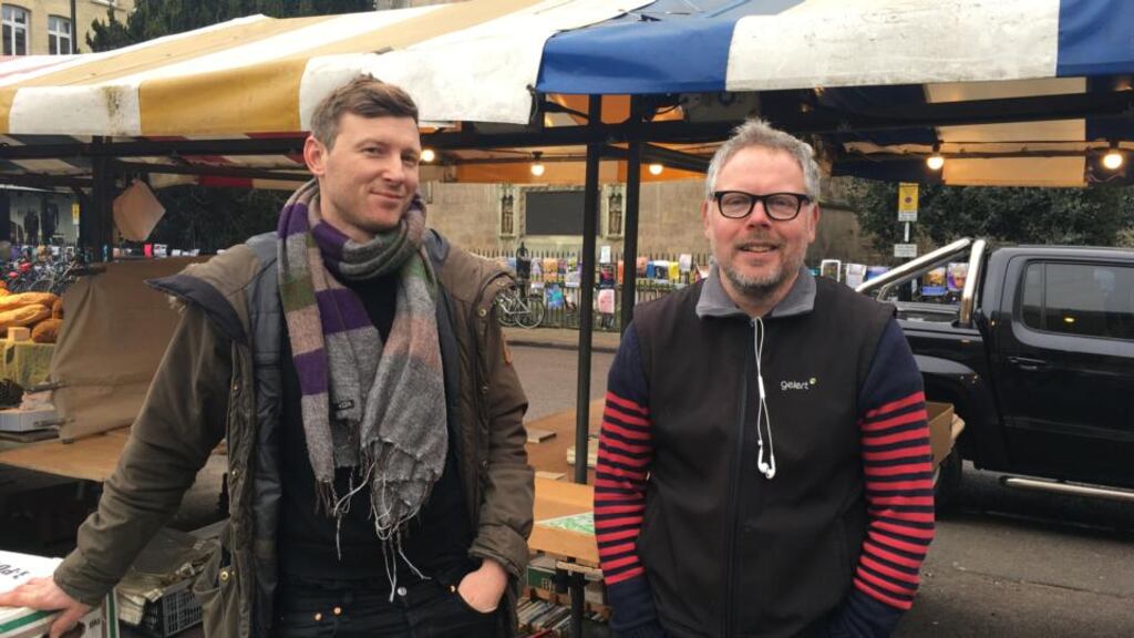 Henry Hardinge and Ian Mortlock at a market in Cambridge. ‘It’s a disaster area,’ says Mortlock of Brexit. Photograph: Patrick Freyne