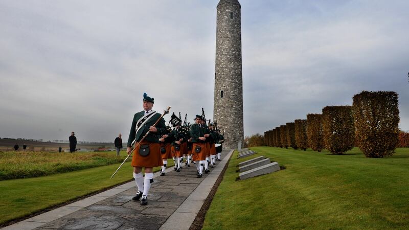 Members of the Metropolitan Police Service Emerald Society Pipe and Drum Band pictured in the Island of Ireland Peace Park in Messines, Belgium, on Remeberance Sunday in 2008. Photograph: Aidan Crawley