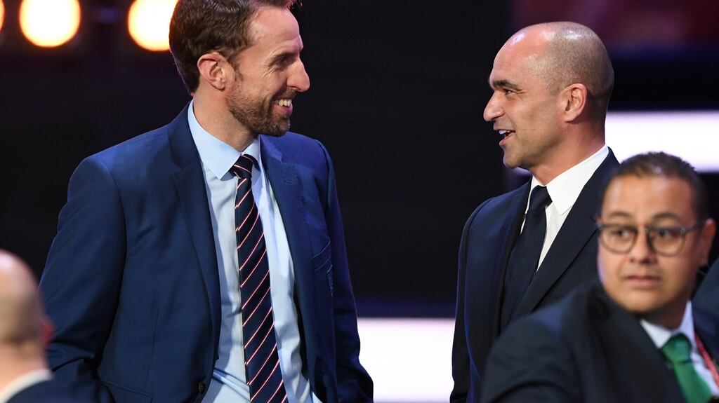 England’s Gareth Southgate speaks with Roberto Martinez at the World Cup draw in Russia. Photo: Kirill Kudryavtsev/Getty Images