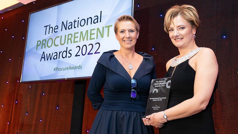 Ingrid De Doncker, Awards Judge, presents the Best International Procurement Project of the Year award to Zandra Montgomery, Manor Farm.