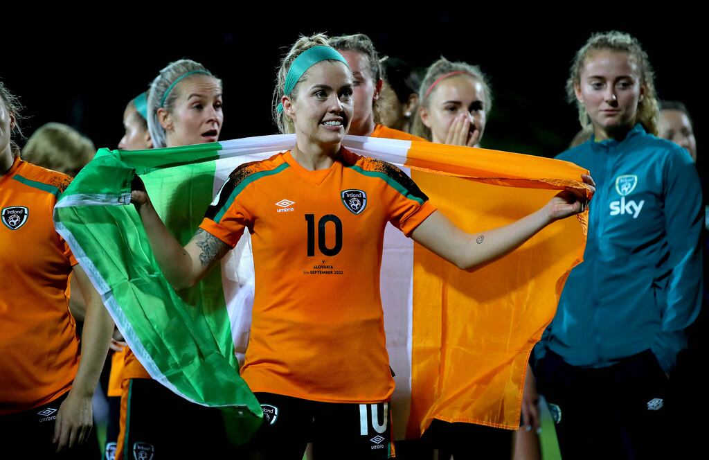 Goalscorer Denise O'Sullivan celebrates after Ireland's win over Slovakia in Senec on Tuesday. Photograph: Ryan Byrne/Inpho