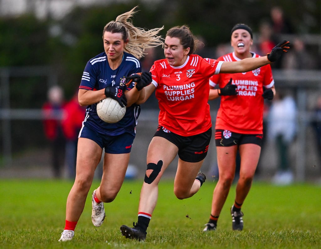 Ailish Morrissey of Kilkerrin-Clonberne is tackled by Clodagh McCambridge of Clann Éireann. Photograph: Sportsfile