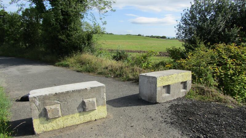 Concrete ‘Dragon’s teeth’ block a Border crossing between Muff, Co Donegal, and Culmore in Derry. Photograph: Freya McClements