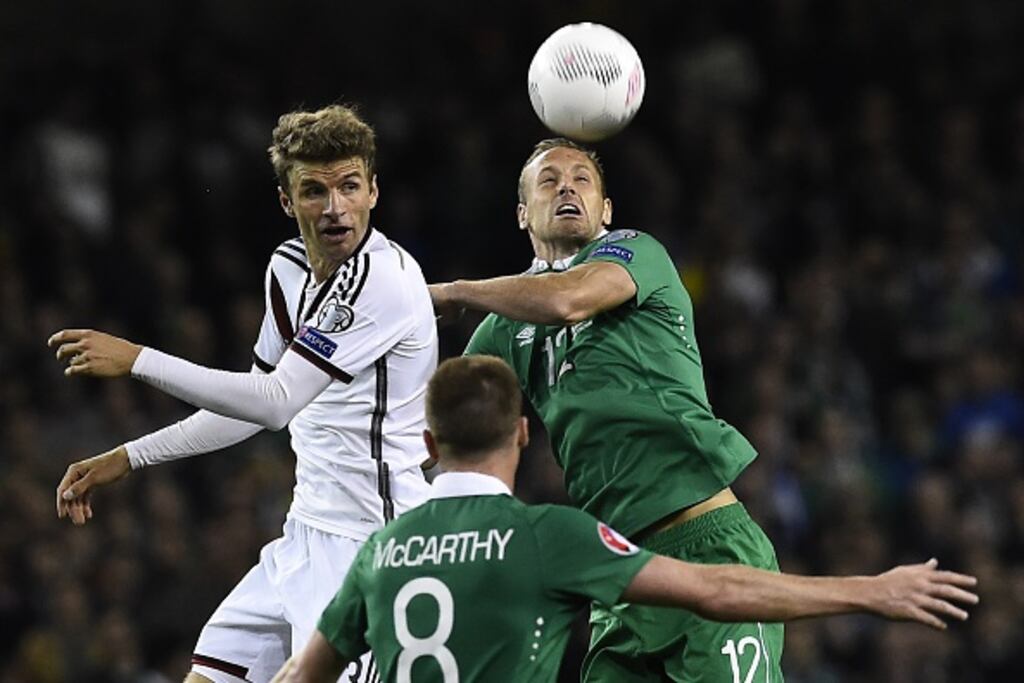 David Meyler wins a header in action for Ireland against Germany in 2006. Photograph: Getty Images