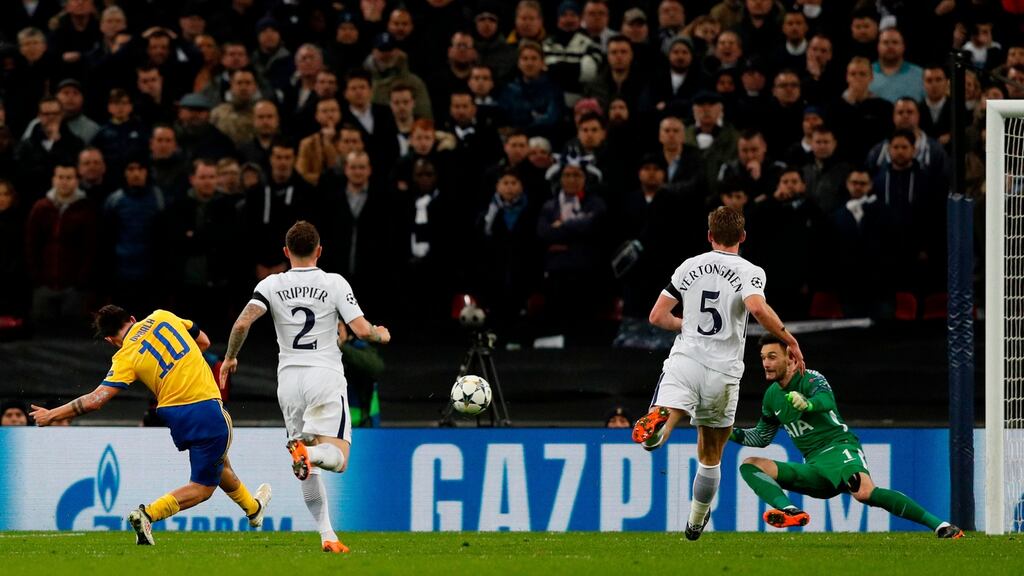 Juventus striker Paulo Dybala fires past Tottenham Hotspur goalkeeper Hugo Lloris to score their second goal during the Champions League round of 16 second leg at Wembley. Photograph: Adrian Dennis/AFP