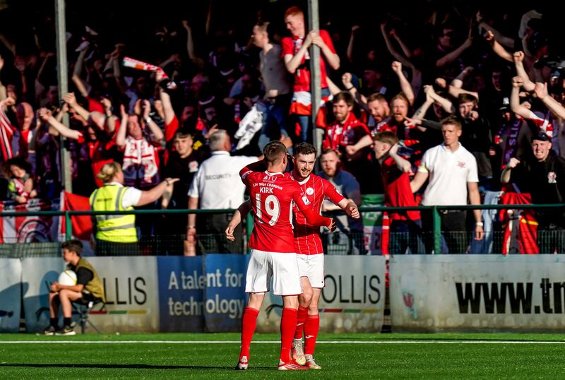 Aidan Keena of Sligo Rovers celebrates scoring in the first leg. Photograph: Robbie Stephenson