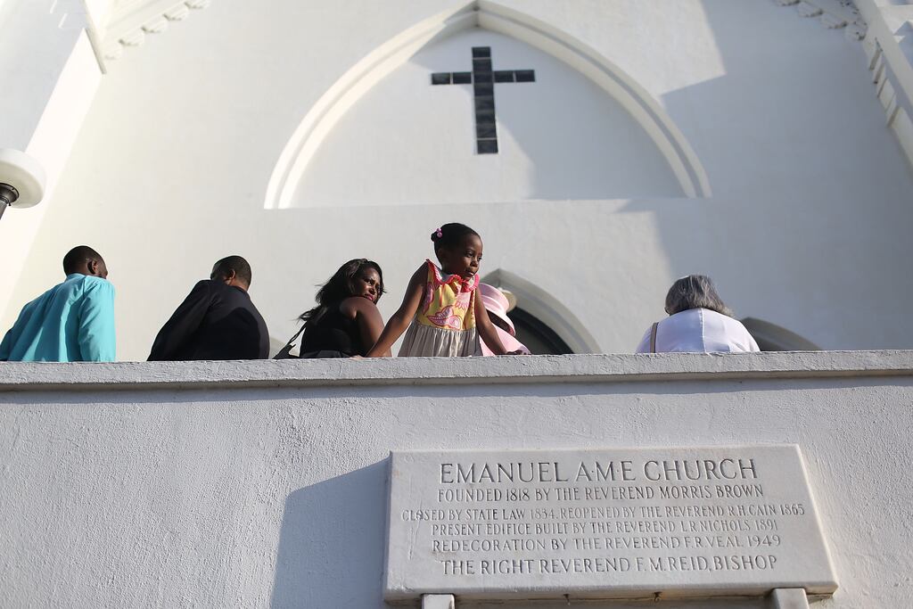 People wait to attend a service at Emanuel African Methodist Episcopal Church in Charleston, South Carolina, US, after a mass shooting at the church killed nine people on June in 2015. Photograph: Joe Raedle/Getty Images