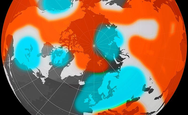 The chart shows atmospheric pressure departures from normal high up in the atmosphere in mid July of this year, looking down over the North Pole. There are clearly 5 circular patterns where the pressure was anomalously low, including Ireland and much of northern Europe.