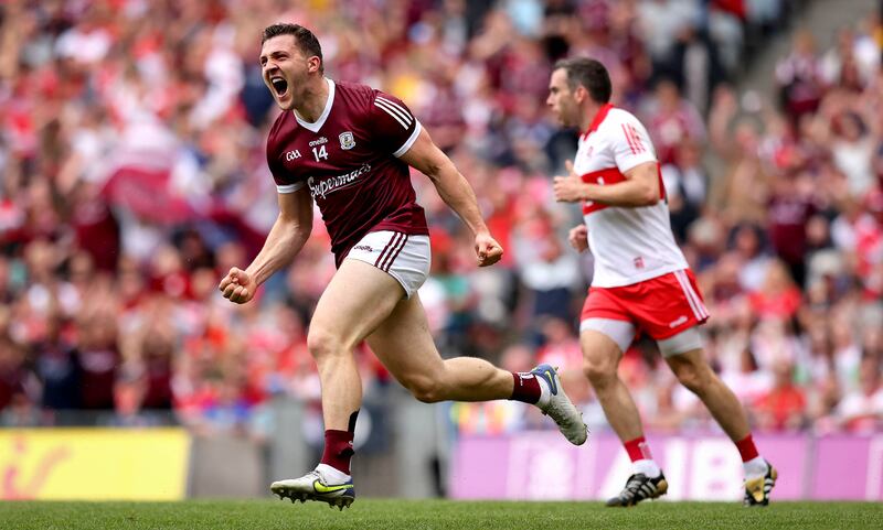 Galway’s Damien Comer celebrates scoring the first goal of the game in the All-Ireland SFC semi-final against Derry. Photograph: Ryan Byrne/Inpho