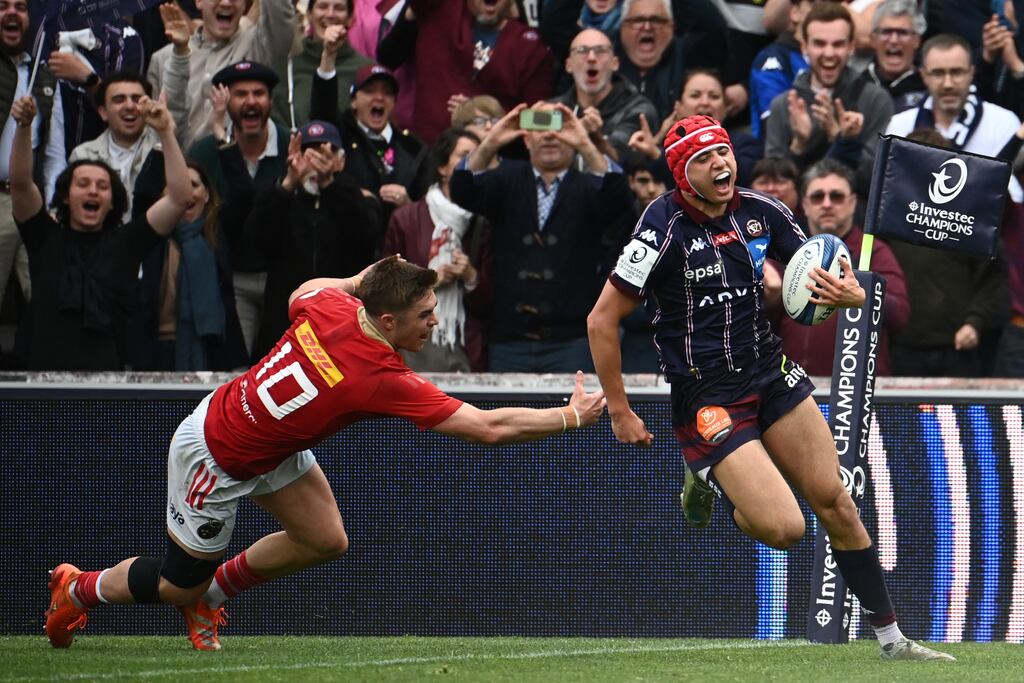 Bordeaux Begles' French wing Louis Bielle-Biarrey runs to score a try against Munster. Photograph: Christophe Archambault/AFP via Getty