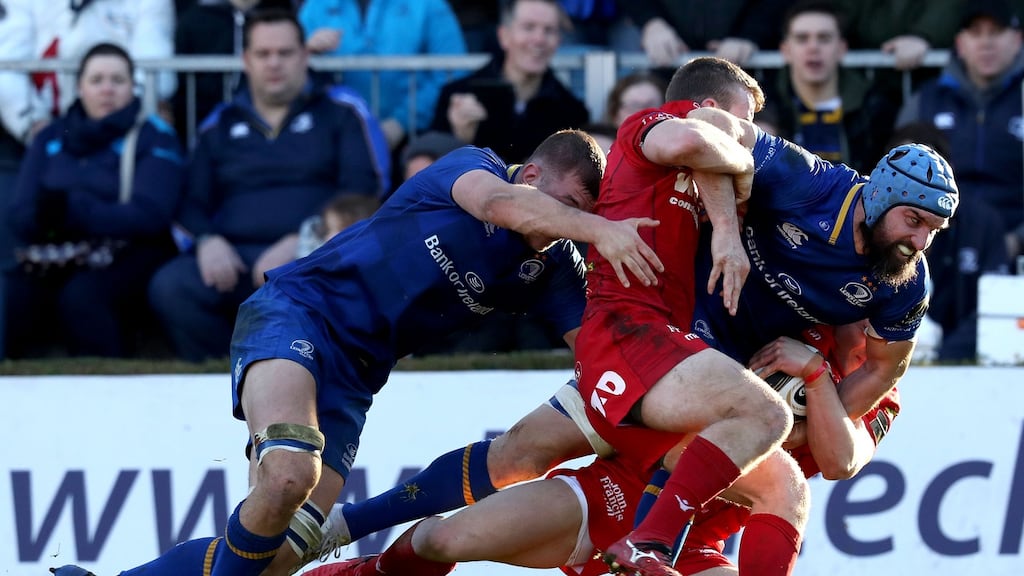 Scott Fardy drives for the line against Scarlets. The Australian lock-cum-blindside has made a huge impact at Leinster, as the likes of Nathan Hines or Brad Thorn did before him. Photograph: Bryan Keane/Inpho