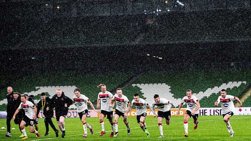 Dundalk celebrate their victory at the Aviva Stadium which earned them a spot in a Europa League group alongside Arsenal, Molde and Rapid Vienna. Photograph: Tommy Dickson/Inpho