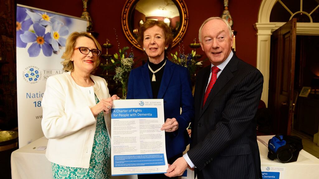 Mary Robinson at the launch of the Charter of Rights for People with Dementia with Helen Rochford Brennan, chair of the Dementia Group, and John Clifford, chairman of the board of the Alzheimer Society of Ireland. Photograph: Cyril Byrne/The Irish Times