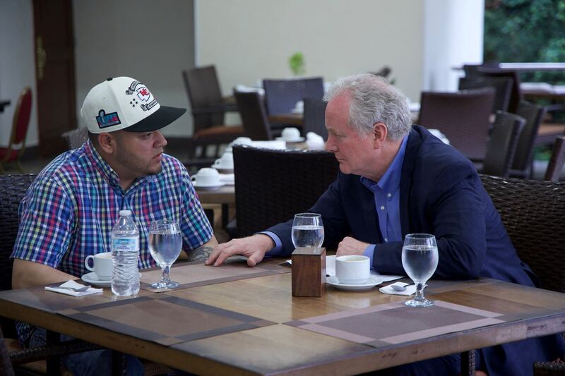 US Senator Chris Van Hollen with Kilmar Abrego in El Salvador earlier this month. The unexpected meeting took place at a hotel in San Salvador, according to photos shared by the senator’s office late Thursday. Photograph: The office of Chris Van Hollen via The New York Times