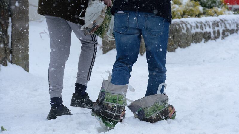 Snow shoes on the Stillorgan Road. Photograph: Cyril Byrne / The Irish Times
