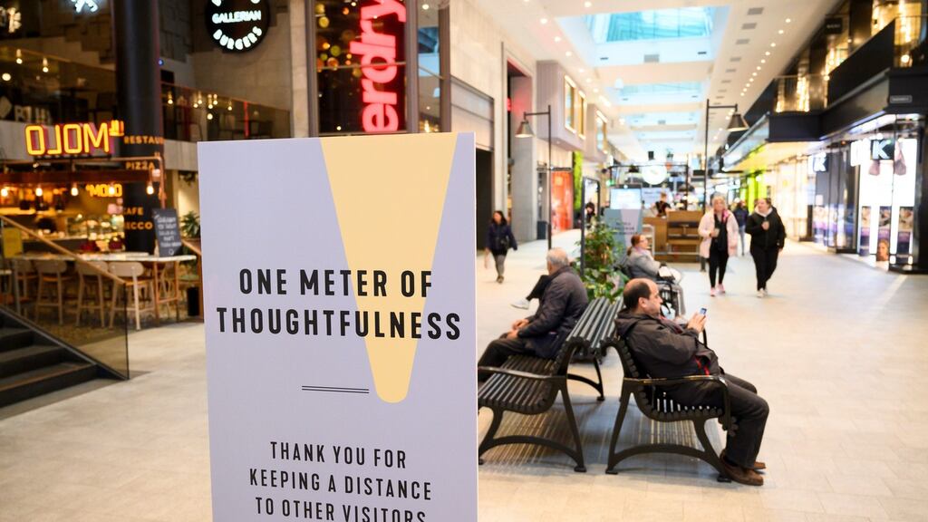 A picture taken earlier this month shows people keeping social distances at a shopping centre  in Stockholm. Photograph: Henrik Montgomery/ TT news agency/ AFP via Getty Images