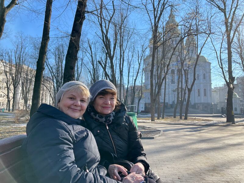 Friends Zhanna Zvereva and Nadezhda Mukhoyan in Kharkiv back on the morning of February 24th, 2022, when they met to 'meditate for peace' hours after Russia launched its invasion. Photograph: Daniel McLaughlin