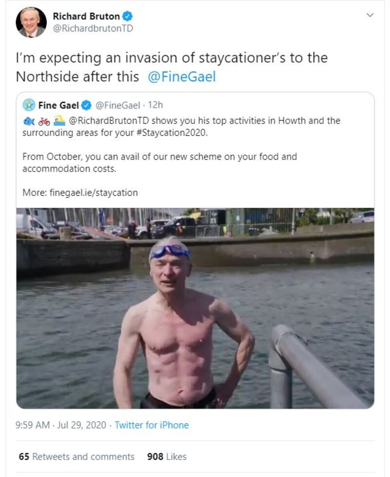Fine Gael TD Richard Bruton takes to Twitter to promote Howth as a staycation destination. Image: Fine Gael/Twitter
