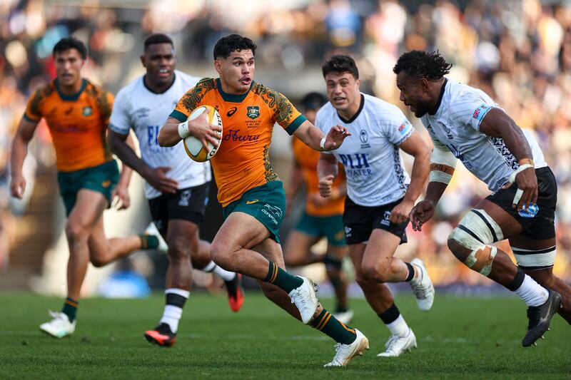 Noah Lolesio in Sunday's Australia v Fiji Test match in Newcastle. Photograph: Jason McCawley/Getty