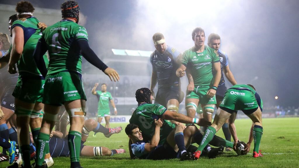 Connacht’s John Cooney scores his side’s first try on Friday night. Photograph: James Crombie/Inpho